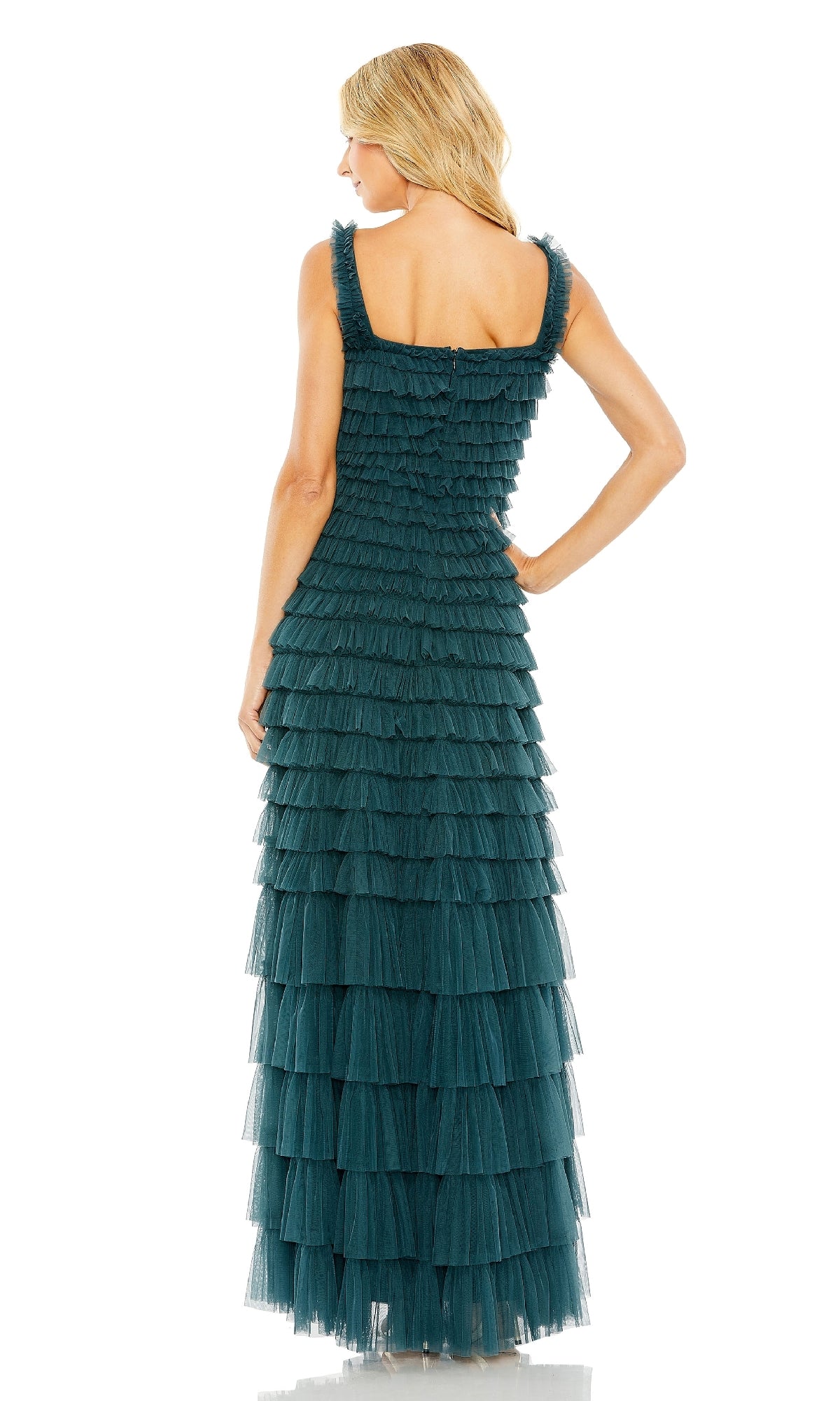 A woman with blonde hair, facing away, wears the Teal Long Ruffled Prom Dress: Mac Duggal 8046—sleeveless, floor-length, and featuring layered ruffled tiers.